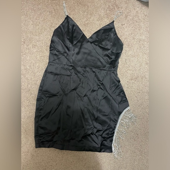 Black mini slip dress with crystal straps and tassel side design - Picture 3 of 11